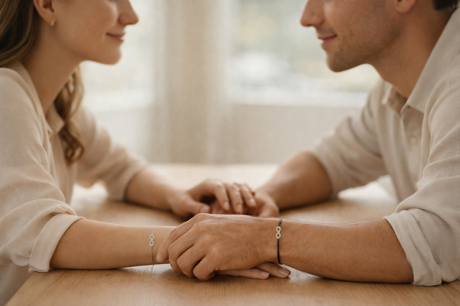 Frau und Mann, ein Paar, halten H&auml;ndchen. An ihren Handgelenken sieht man den gleichen Schmucl - Partnerschmuck